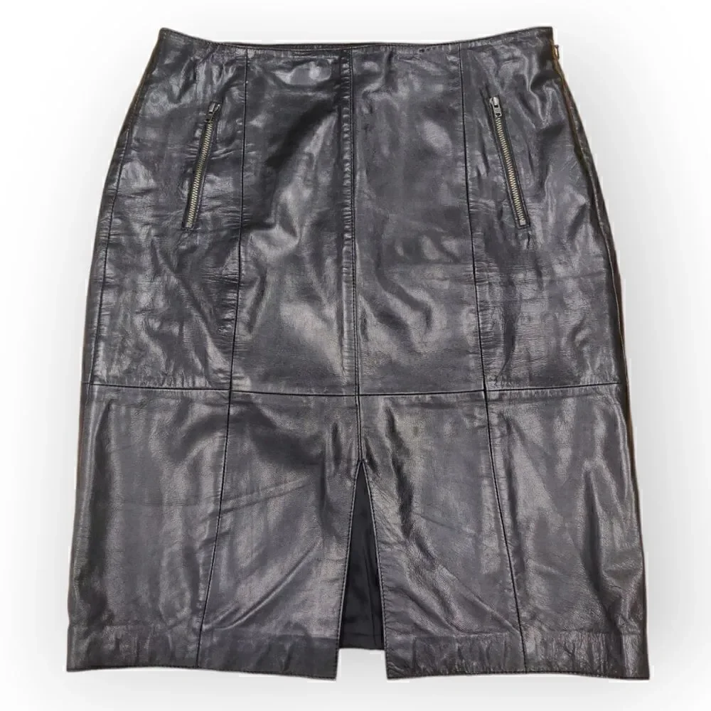 Halogen black genuine leather classic pencil sexy skirt size 6